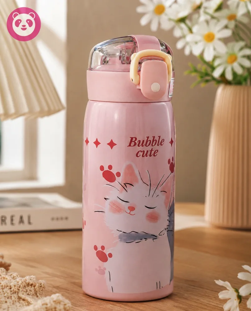 KolorFish Panda Style Water Bottle for Kids | Leakproof Travel Sipper | BPA-Free 700 ml Stainless Steel Bottle (Pack of 1, Pink)