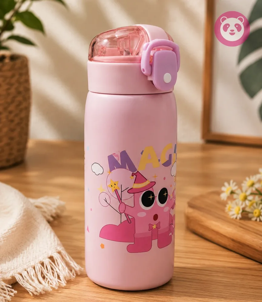 KolorFish Panda Style Water Bottle for Kids | Leakproof Travel Sipper | BPA-Free 700 ml Stainless Steel Bottle (Pack of 1, Pink)