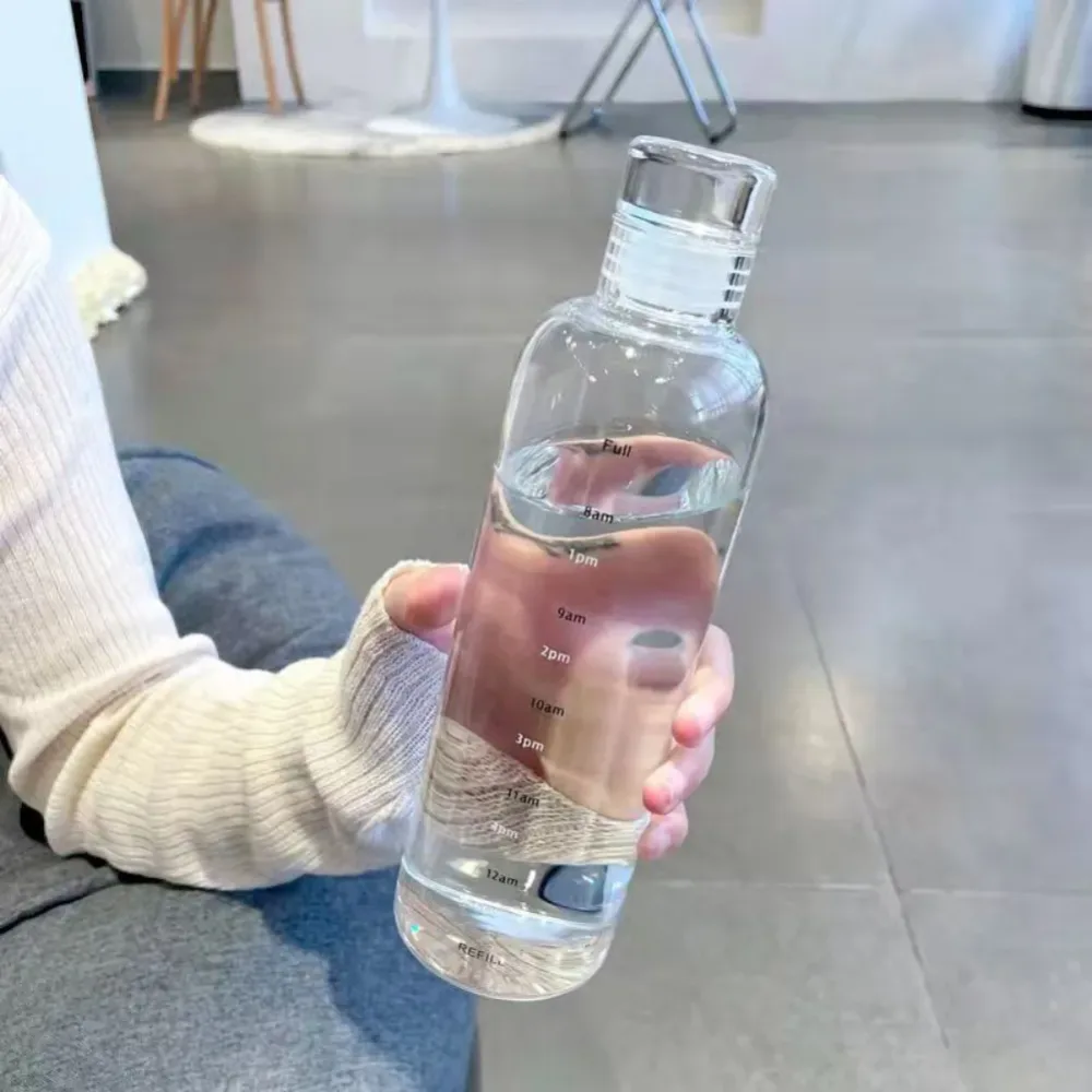 500ml Portable Glass Water Bottle With Time Marker Cover For Water Drink Transparent Milk Juice Simple Cup Birthday Gift