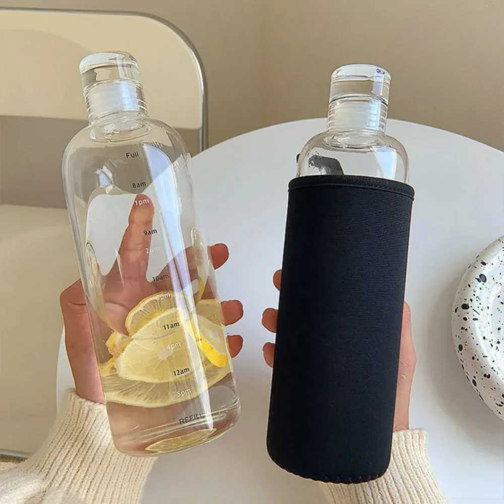 1000 ml Portable Glass Water Bottle With Time Marker Cover For Water Drink Transparent Milk Juice Simple Cup Birthday Gift