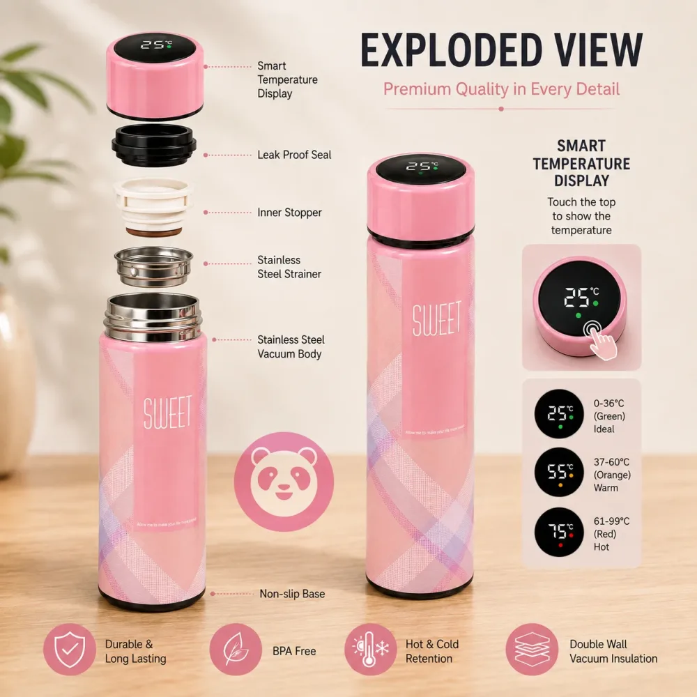 LED Temperature Display Water Bottle | Checkered Design | Smart Stainless Steel Vacuum 500ml Flask