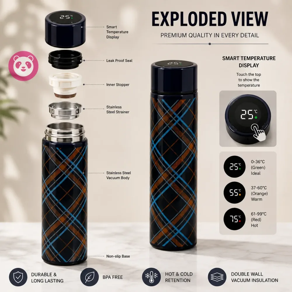 LED Temperature Display Water Bottle | Checkered Design | Smart Stainless Steel Vacuum 500ml Flask