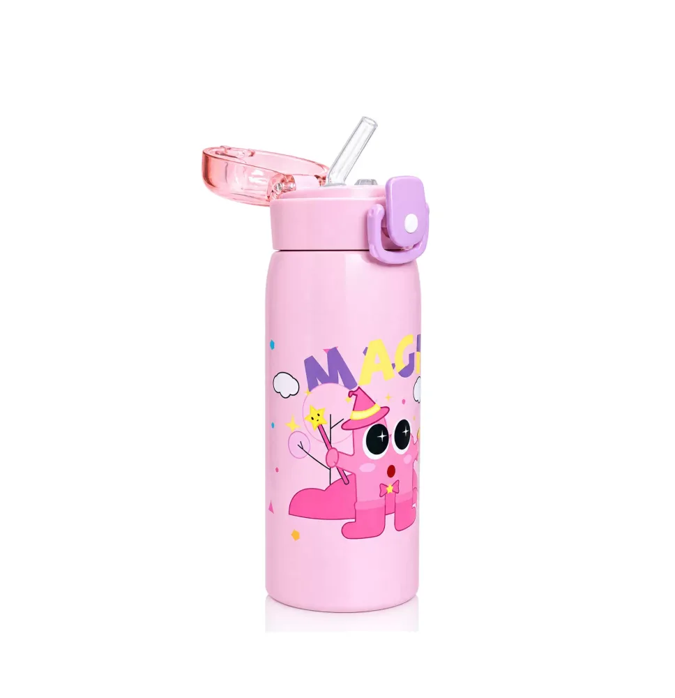 KolorFish Panda Style Water Bottle for Kids | Leakproof Travel Sipper | BPA-Free 700 ml Stainless Steel Bottle (Pack of 1, Pink)