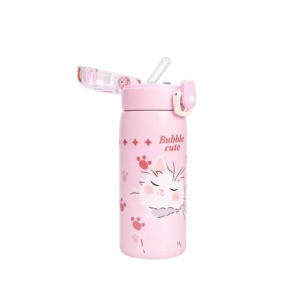 KolorFish Panda Style Water Bottle for Kids | Leakproof Travel Sipper | BPA-Free 700 ml Stainless Steel Bottle (Pack of 1, Pink)