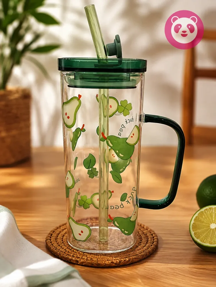 400ml Green Pookie Glass Mug With Lid and Straw Breakfast Milk Cup