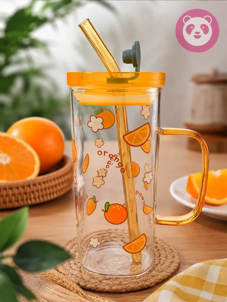 400ml Yellow Pookie Glass Mug With Lid and Straw Breakfast Milk Cup
