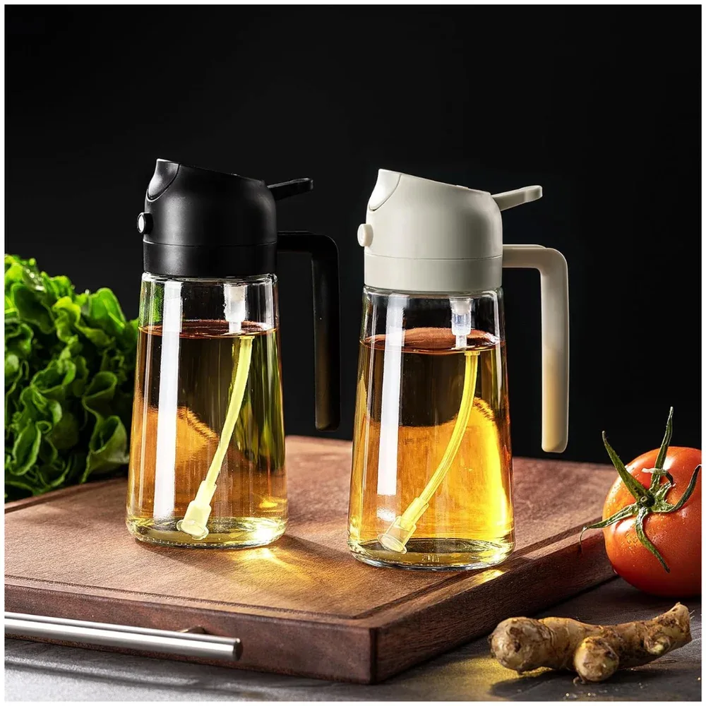 2 in 1 Glass Oil Spray Bottle 470ml Large Capacity Oil Sprayer Sauce Olive Oil Dispenser for Cooking Salads BBQ Grilling Baking | 470 ml | Multicolor