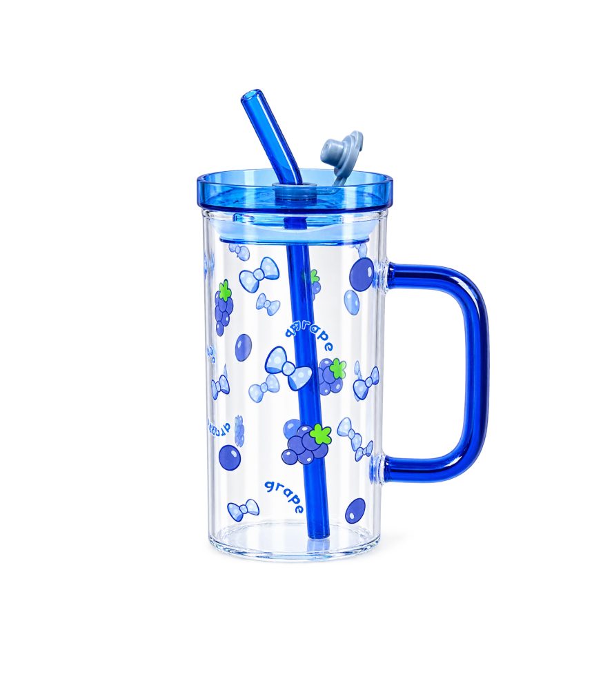 400ml Blue Pookie Glass Mug With Lid and Straw Breakfast Milk Cup
