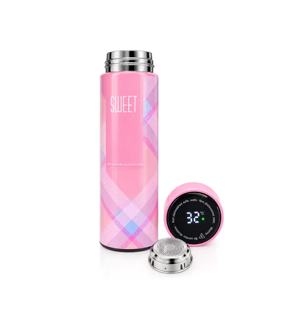 LED Temperature Display Water Bottle | Checkered Design | Smart Stainless Steel Vacuum 500ml Flask