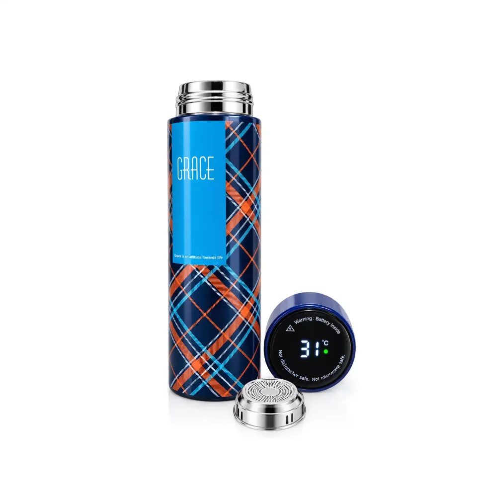 LED Temperature Display Water Bottle | Checkered Design | Smart Stainless Steel Vacuum 500ml Flask