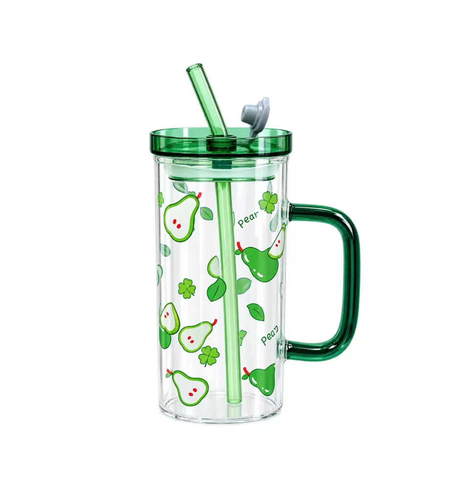 400ml Green Pookie Glass Mug With Lid and Straw Breakfast Milk Cup