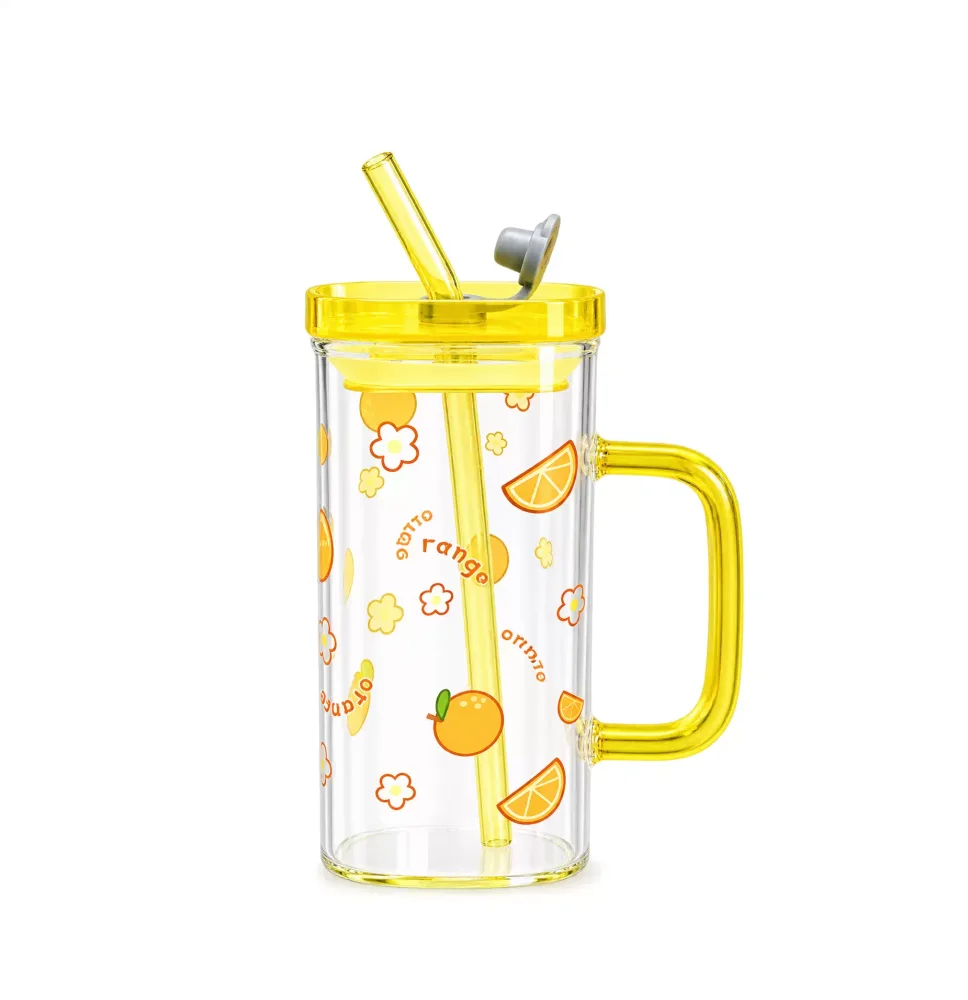 400ml Yellow Pookie Glass Mug With Lid and Straw Breakfast Milk Cup